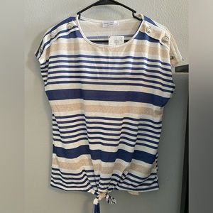 Navy, Cream, and White Striped Blouse.